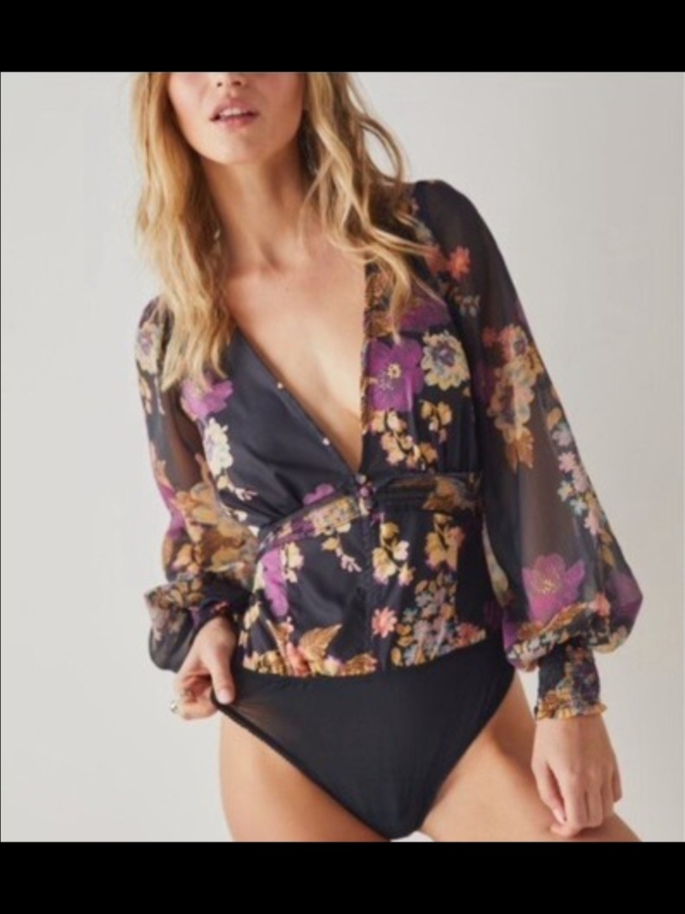 Free People NWT Floral Sheer Sleeve Bodysuit XS Whimsigoth Boho Gothic Top - Picture 8 of 8